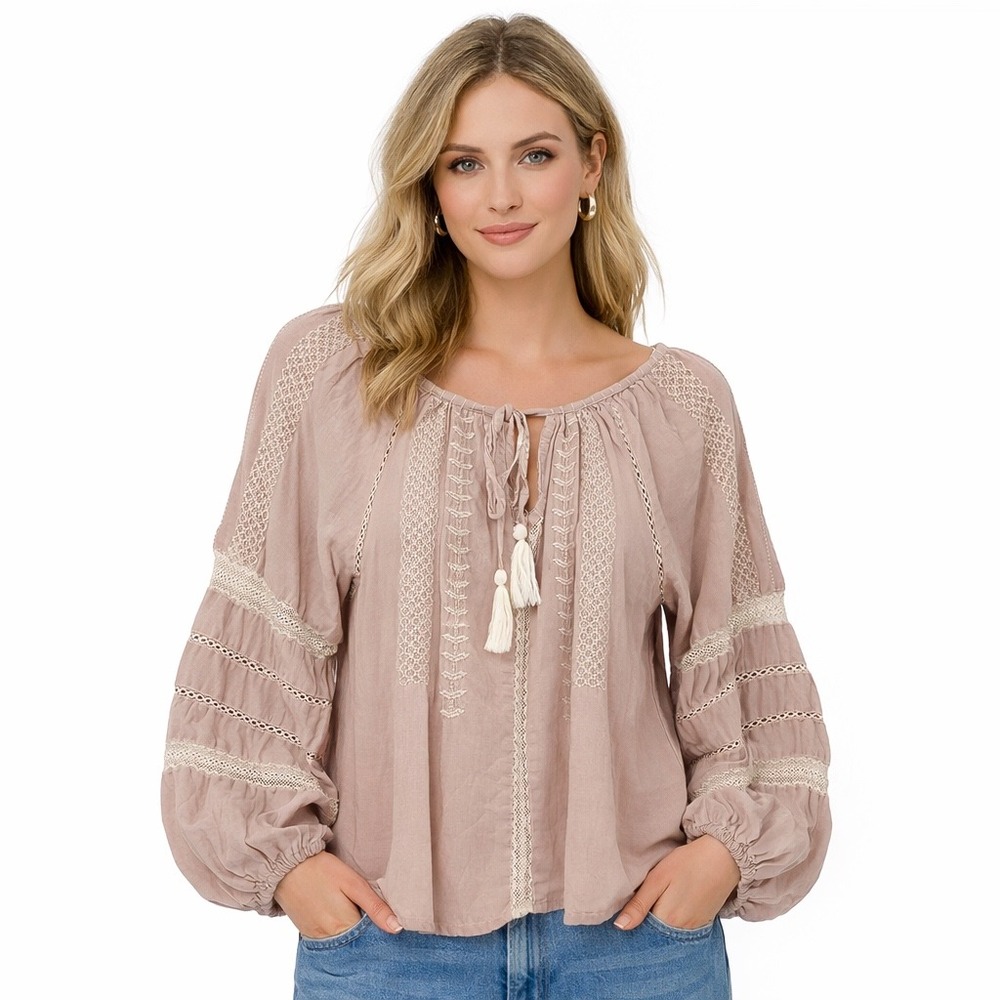 Nicole Miller Artelier Pink 100% Cotton Boho Embroidered Peasant Top‎ Size Large